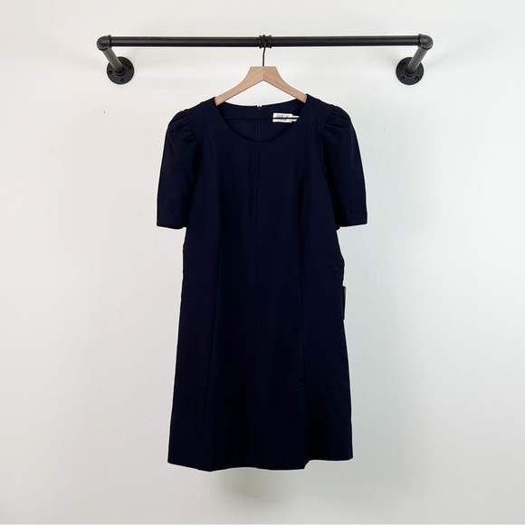 NWT Eliza J Crepe Shirred Elbow Sleeve A Line Knee Length Dress in Navy - Picture 4 of 8